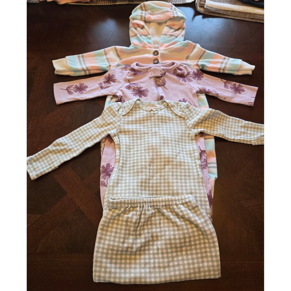Carters Baby Girl 3M Bundle Gingham Gown Floral Sleeper Striped Fleece Romper 3p
